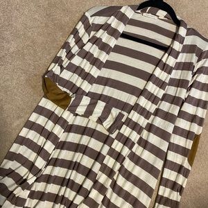 Striped elbow patch cardigan soft small taupe